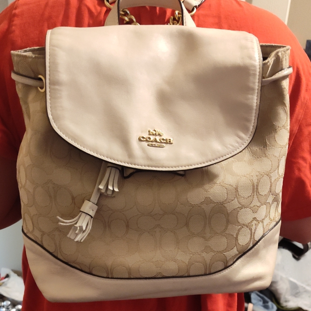 Coach Cream and Tan Signature Backpack